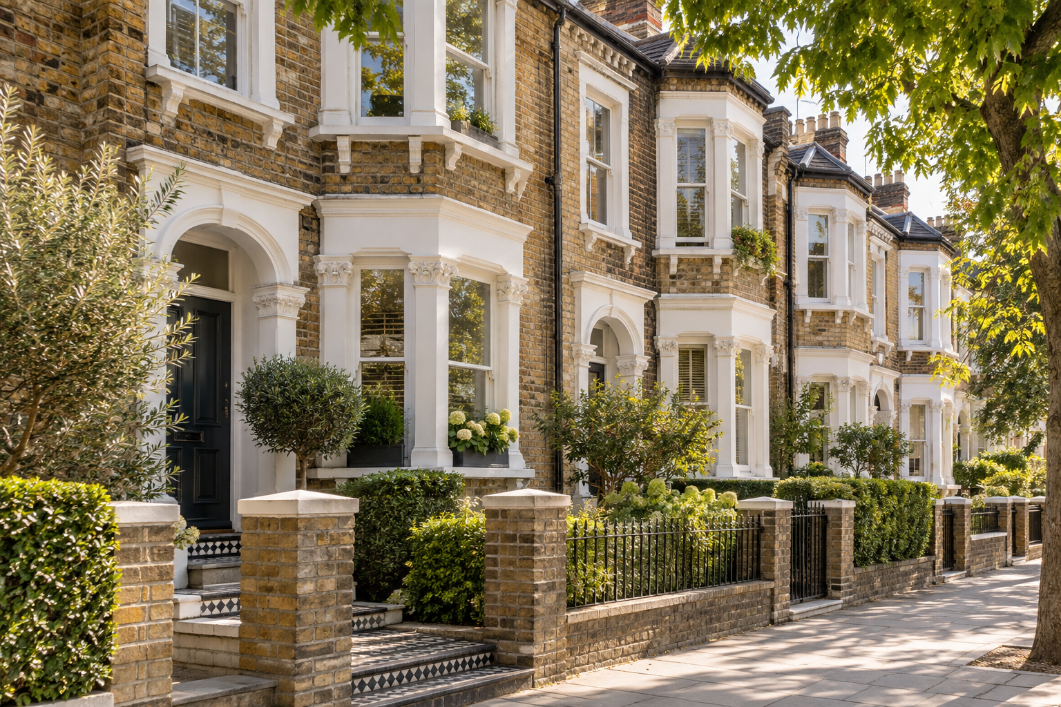 Leafy residential street with Victorian terraced houses in North London